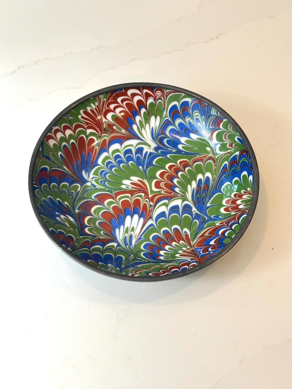 Vintg MCM Neiman-Marcus Colorful Peacock Hand Painted Porcelain & Pewter 8” Bowl